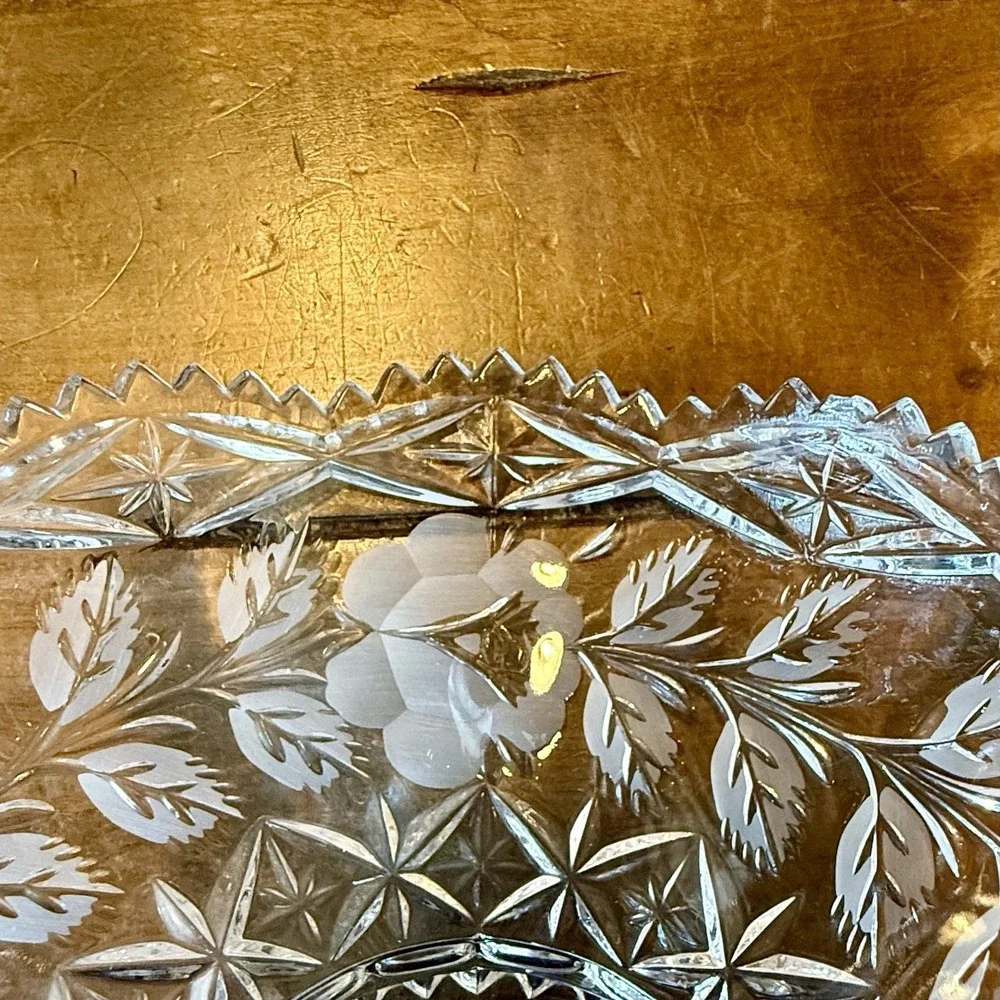 VTG Lead Crystal Clear Industries MCM Sawtooth Rim Rose Pedestal Bowl Candy Dish